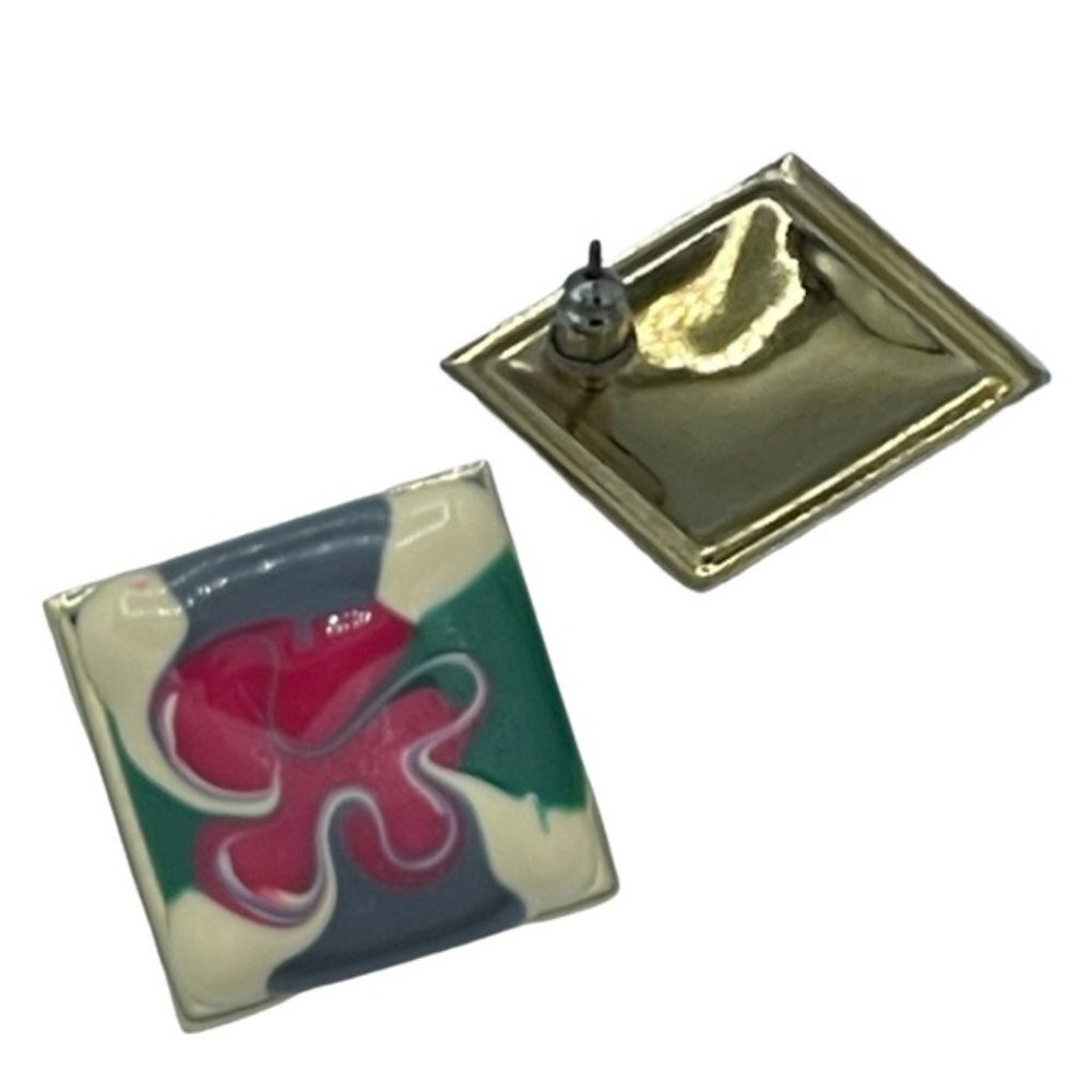 VINTAGE artisan paint enamel square earrings